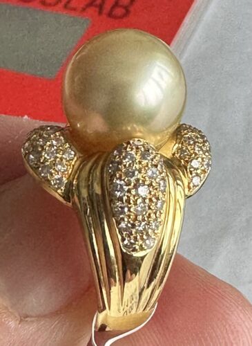 An Immense 12mm Golden South Sea cultured pearl diamond 18k Ring