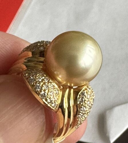 An Immense 12mm Golden South Sea cultured pearl diamond 18k Ring