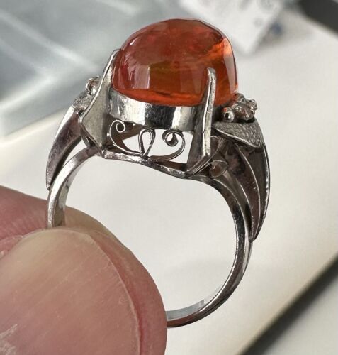 Delightful 6.95ct Mexican Fire Opal & Diamond Platinum Ring