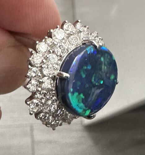 A Magnificent 6.50ct Australian Black Opal & Diamond Platinum Ring