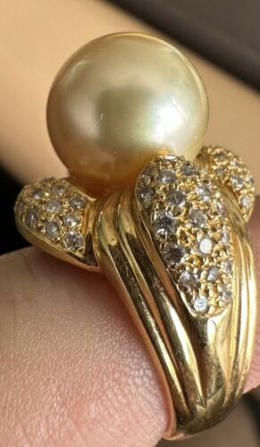 An Immense 12mm Golden South Sea cultured pearl diamond 18k Ring