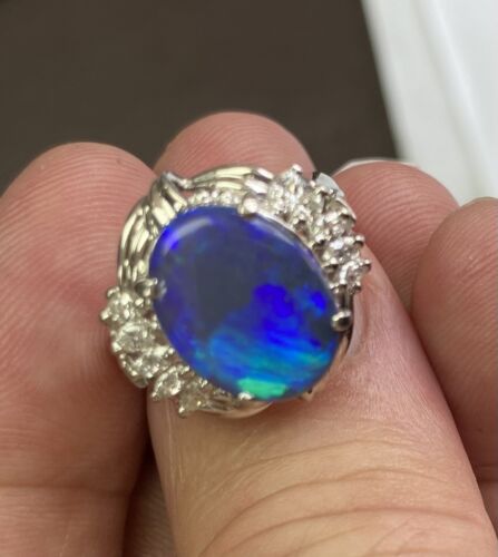 Exquisite 4.98ct Australian Black Opal & Diamond Platinum Ring