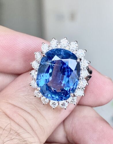 Sensational Unheated No Heat 14.14ct Burma Blue Sapphire & Diamond Rin