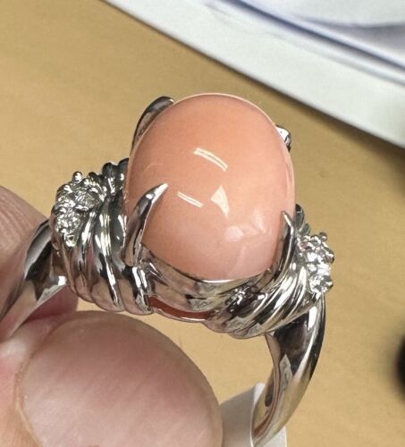 Beautiful Angel Skin Coral + Diamond Platinum Ring