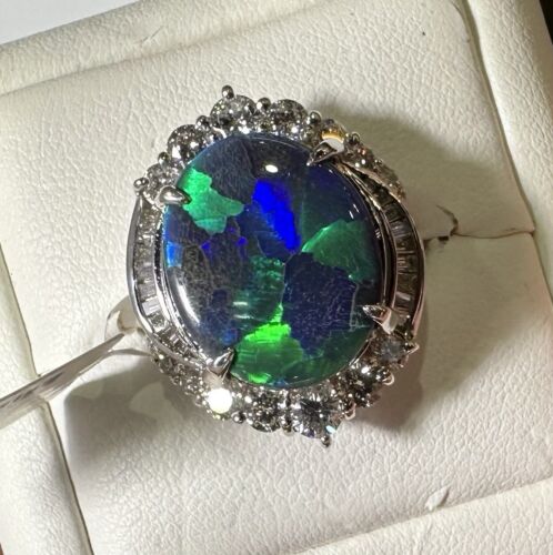 A Magnificent 6.43ct Australian Black Opal & Diamond Platinum Ring