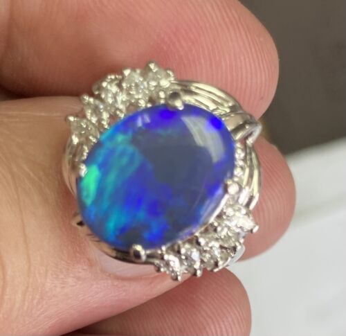 Exquisite 4.98ct Australian Black Opal & Diamond Platinum Ring