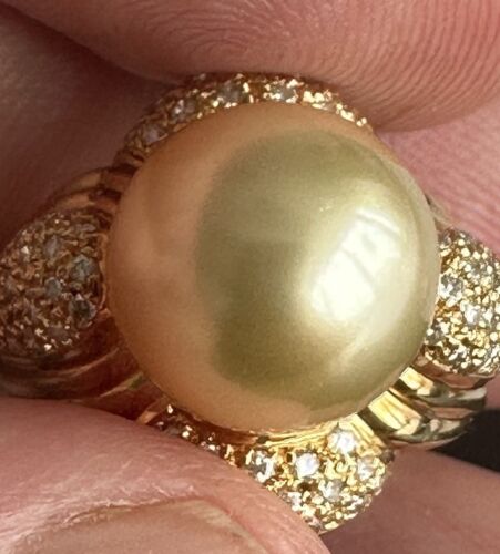 An Immense 12mm Golden South Sea cultured pearl diamond 18k Ring