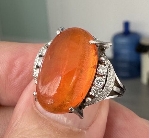 Delightful 6.95ct Mexican Fire Opal & Diamond Platinum Ring