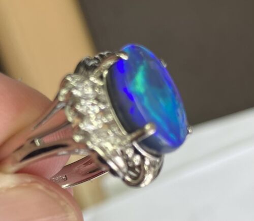 Exquisite 4.98ct Australian Black Opal & Diamond Platinum Ring