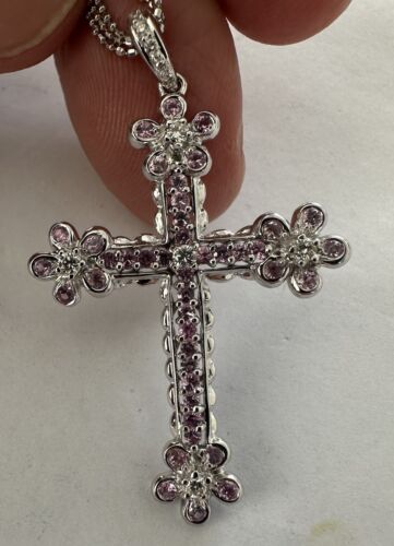 An Exquisite Pink Sapphire & Diamond Cross Platinum Pendant & Chain