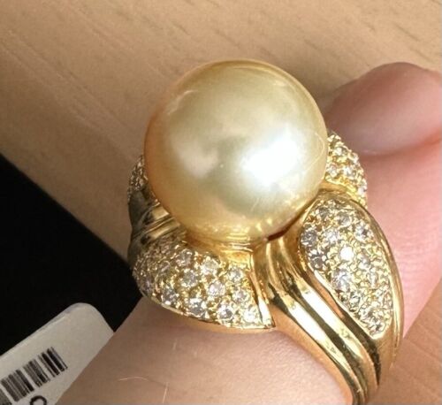 An Immense 12mm Golden South Sea cultured pearl diamond 18k Ring