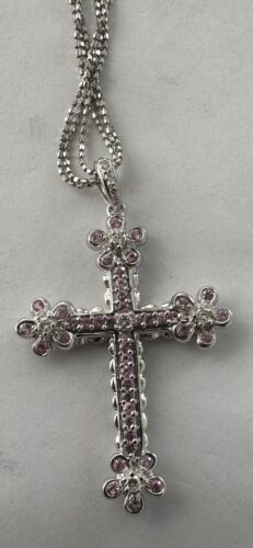 An Exquisite Pink Sapphire & Diamond Cross Platinum Pendant & Chain