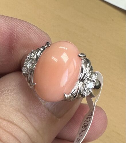 Beautiful Angel Skin Coral + Diamond Platinum Ring