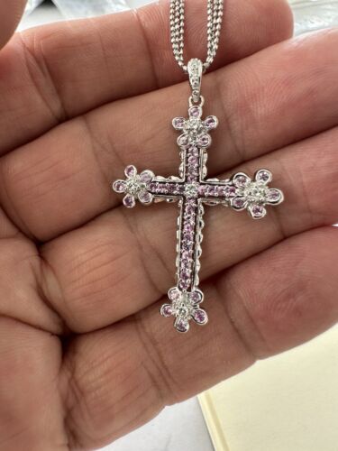 An Exquisite Pink Sapphire & Diamond Cross Platinum Pendant & Chain