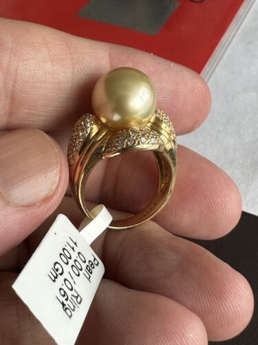 An Immense 12mm Golden South Sea cultured pearl diamond 18k Ring