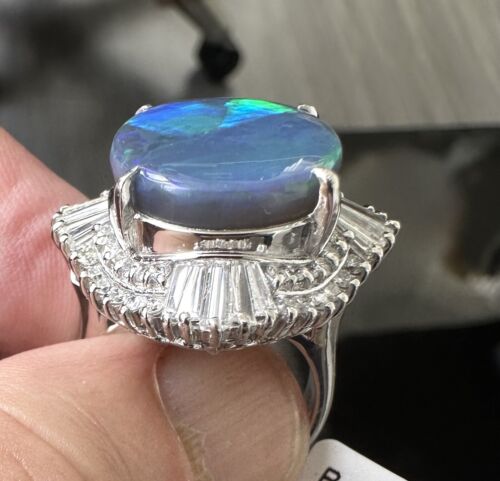 A Magnificent 11.71ct Australian Black Opal & Diamond Platinum Ring