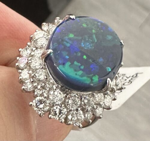 A Magnificent 6.50ct Australian Black Opal & Diamond Platinum Ring