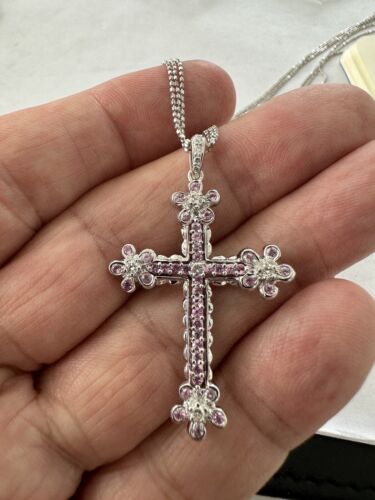 An Exquisite Pink Sapphire & Diamond Cross Platinum Pendant & Chain