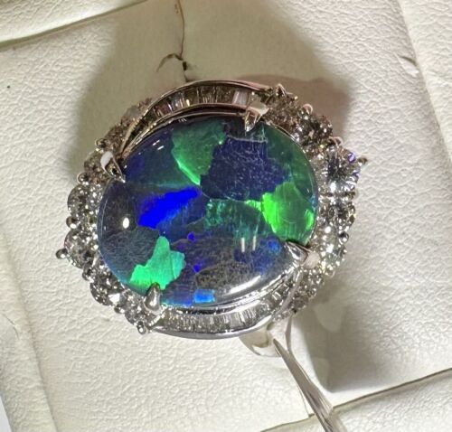 A Magnificent 6.43ct Australian Black Opal & Diamond Platinum Ring