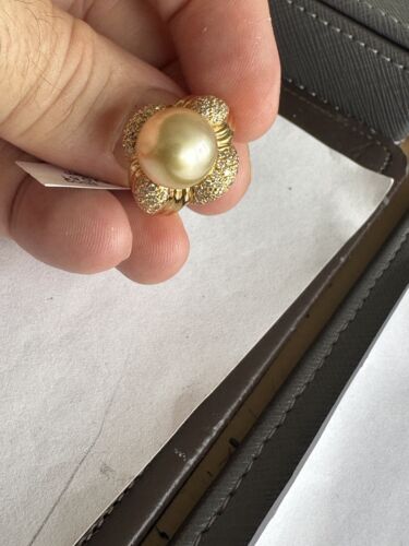 An Immense 12mm Golden South Sea cultured pearl diamond 18k Ring