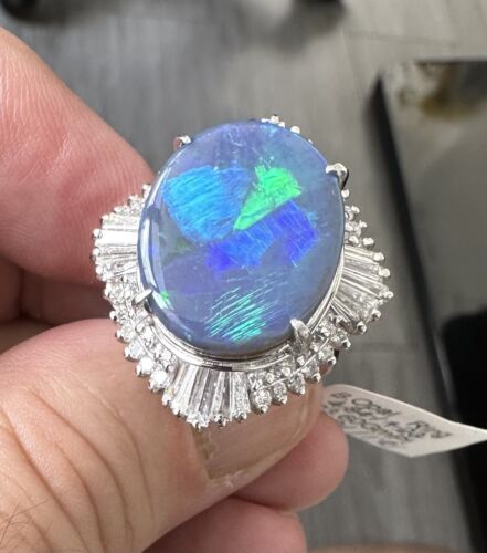 A Magnificent 11.71ct Australian Black Opal & Diamond Platinum Ring