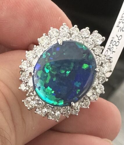 A Magnificent 6.50ct Australian Black Opal & Diamond Platinum Ring