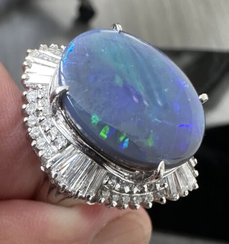 A Magnificent 11.71ct Australian Black Opal & Diamond Platinum Ring