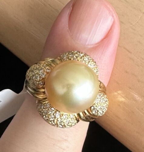 An Immense 12mm Golden South Sea cultured pearl diamond 18k Ring