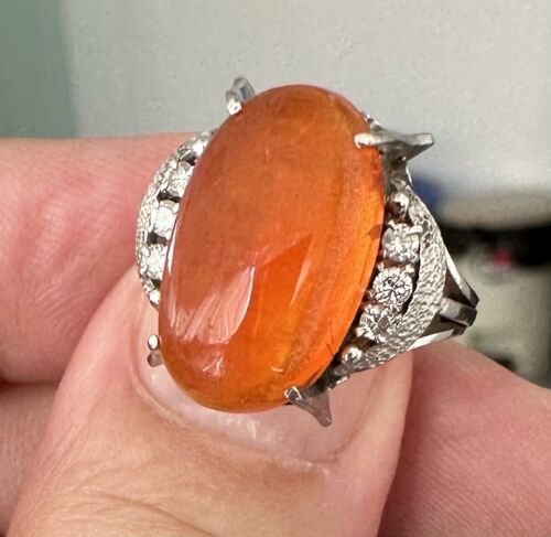 Delightful 6.95ct Mexican Fire Opal & Diamond Platinum Ring