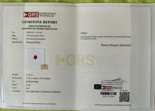 A Superb Unheated No Heat 1.73ct Burma Ruby GRS Certificate