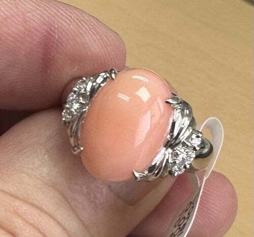 Beautiful Angel Skin Coral + Diamond Platinum Ring