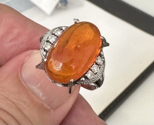 Delightful 6.95ct Mexican Fire Opal & Diamond Platinum Ring