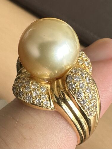 An Immense 12mm Golden South Sea cultured pearl diamond 18k Ring