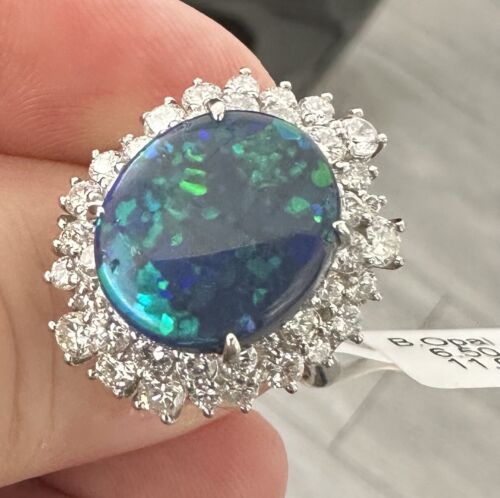 A Magnificent 6.50ct Australian Black Opal & Diamond Platinum Ring