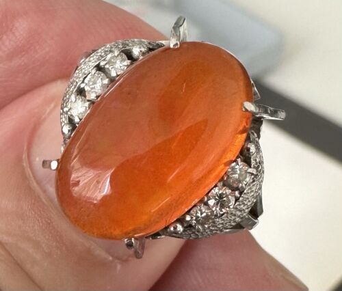 Delightful 6.95ct Mexican Fire Opal & Diamond Platinum Ring