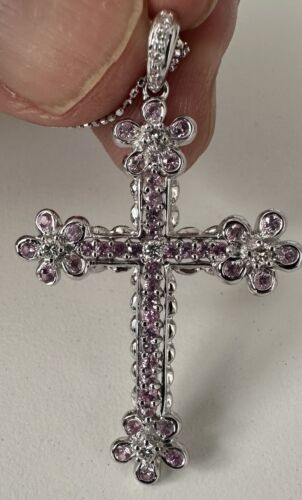 An Exquisite Pink Sapphire & Diamond Cross Platinum Pendant & Chain