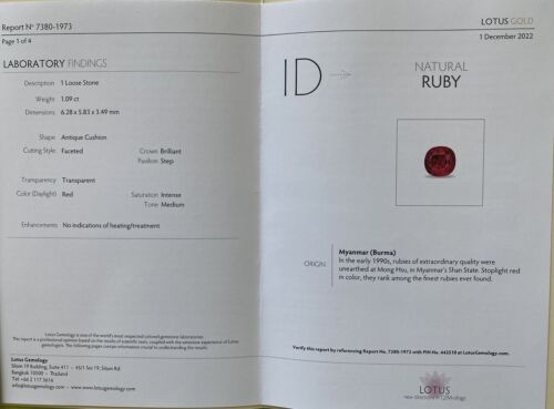 A Superb Unheated No Heat 1.09ct Burma Ruby Lotus Certificate