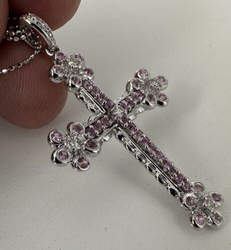 An Exquisite Pink Sapphire & Diamond Cross Platinum Pendant & Chain