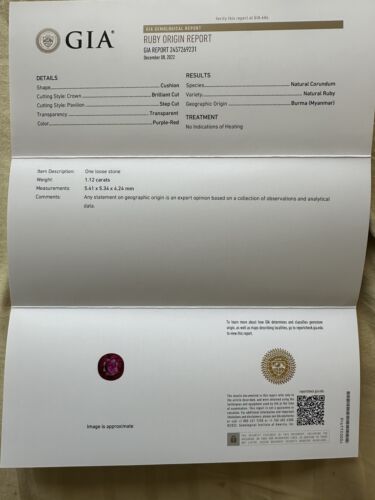 An Exquisite Unheated No Heat 1.12ct Burma Ruby & GIA Certificate