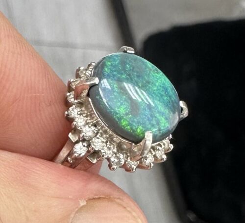 Exquisite 3.42ct Australian Black Opal & Diamond Platinum Ring