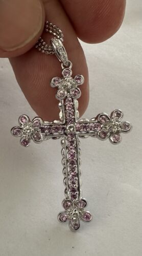 An Exquisite Pink Sapphire & Diamond Cross Platinum Pendant & Chain