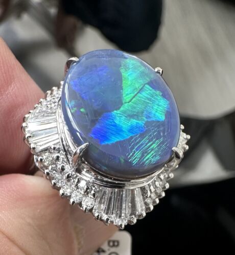 A Magnificent 11.71ct Australian Black Opal & Diamond Platinum Ring