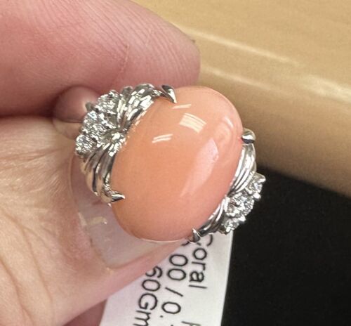 Beautiful Angel Skin Coral + Diamond Platinum Ring