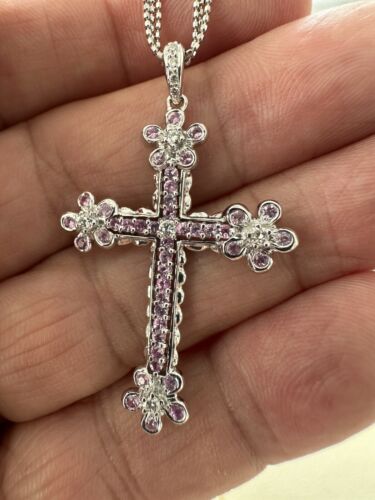 An Exquisite Pink Sapphire & Diamond Cross Platinum Pendant & Chain