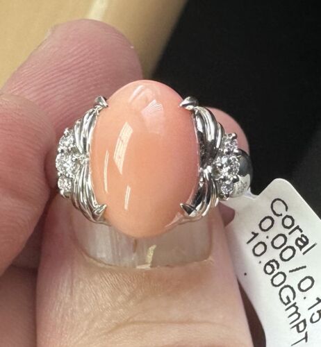 Beautiful Angel Skin Coral + Diamond Platinum Ring