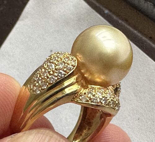 An Immense 12mm Golden South Sea cultured pearl diamond 18k Ring