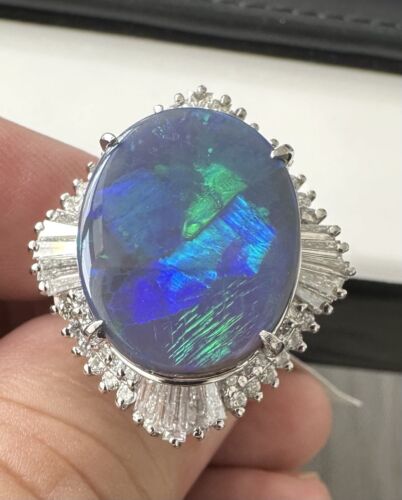 A Magnificent 11.71ct Australian Black Opal & Diamond Platinum Ring