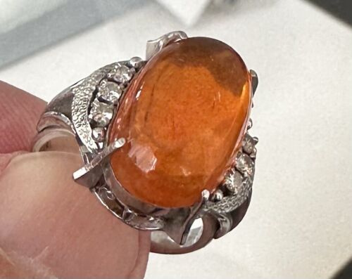 Delightful 6.95ct Mexican Fire Opal & Diamond Platinum Ring