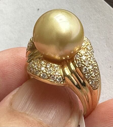 An Immense 12mm Golden South Sea cultured pearl diamond 18k Ring