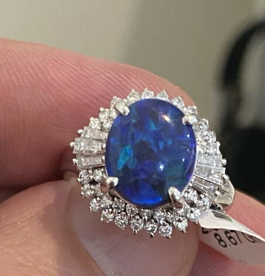 An Exquisite 2.75ct Australian Black Opal & Diamond Platinum Ring